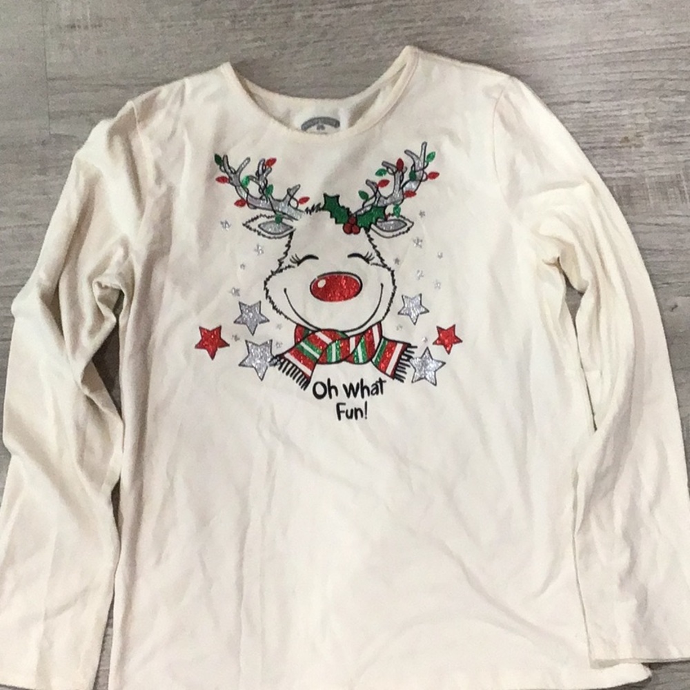 Holiday Time Cream and Red Long Sleeve Reindeer Tee
